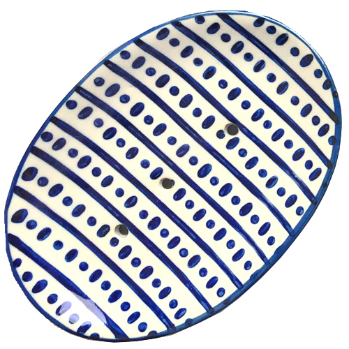 Seifenschale, blau-weiß, oval, Linien & Punkte