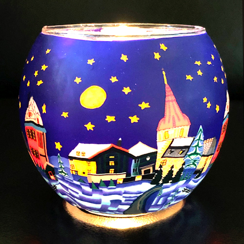 Windlicht Leuchtglas Winter Stadt bei Nacht