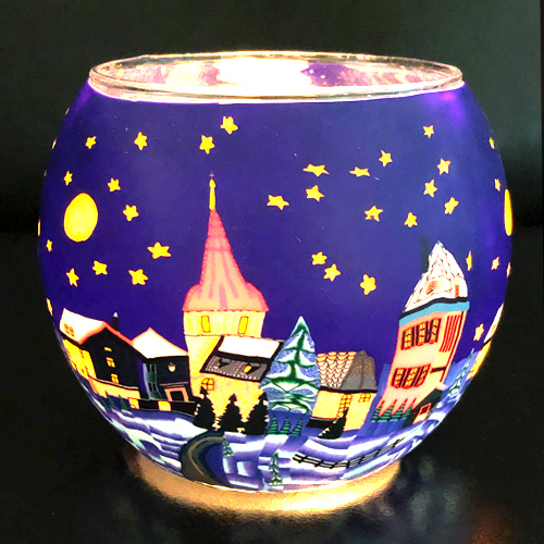 Windlicht Leuchtglas Winter Stadt bei Nacht